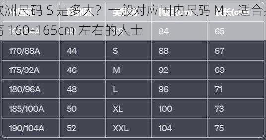 欧洲尺码 S 是多大？一般对应国内尺码 M，适合身高 160-165cm 左右的人士