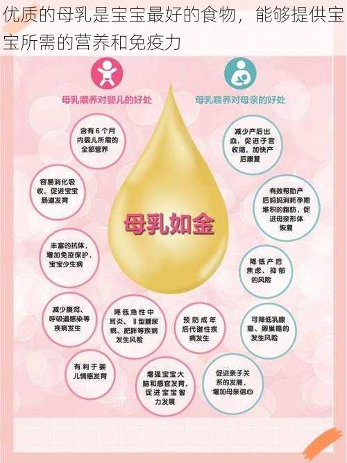 优质的母乳是宝宝最好的食物，能够提供宝宝所需的营养和免疫力