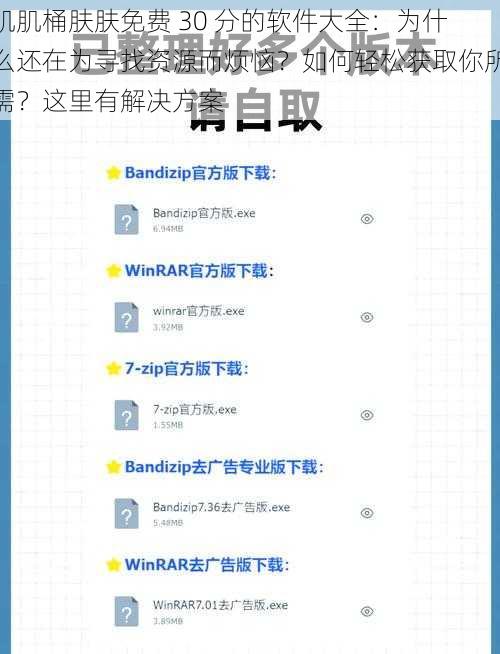 肌肌桶肤肤免费 30 分的软件大全：为什么还在为寻找资源而烦恼？如何轻松获取你所需？这里有解决方案