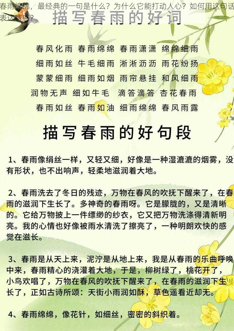 春雨绵绵，最经典的一句是什么？为什么它能打动人心？如何用这句话表达情感？