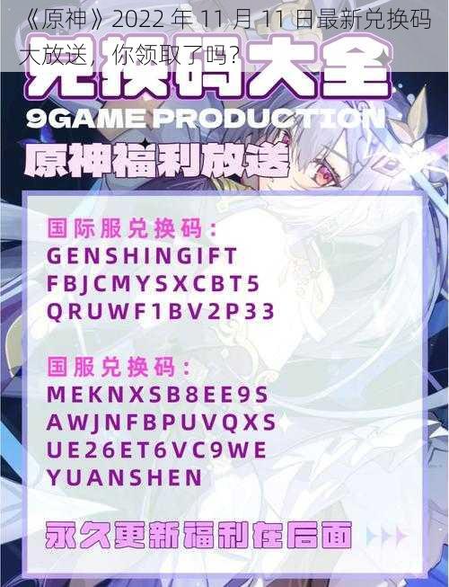 《原神》2022 年 11 月 11 日最新兑换码大放送，你领取了吗？