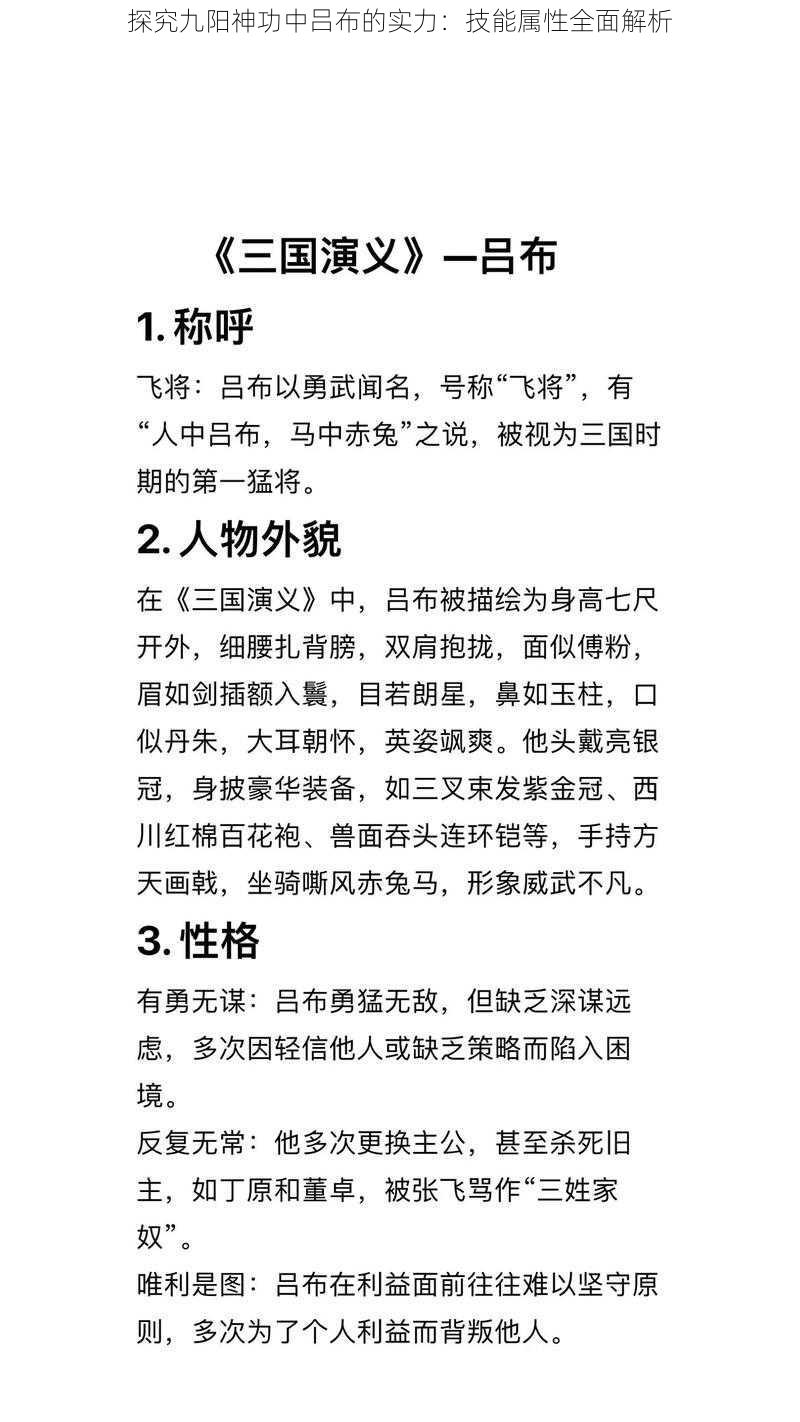 探究九阳神功中吕布的实力：技能属性全面解析